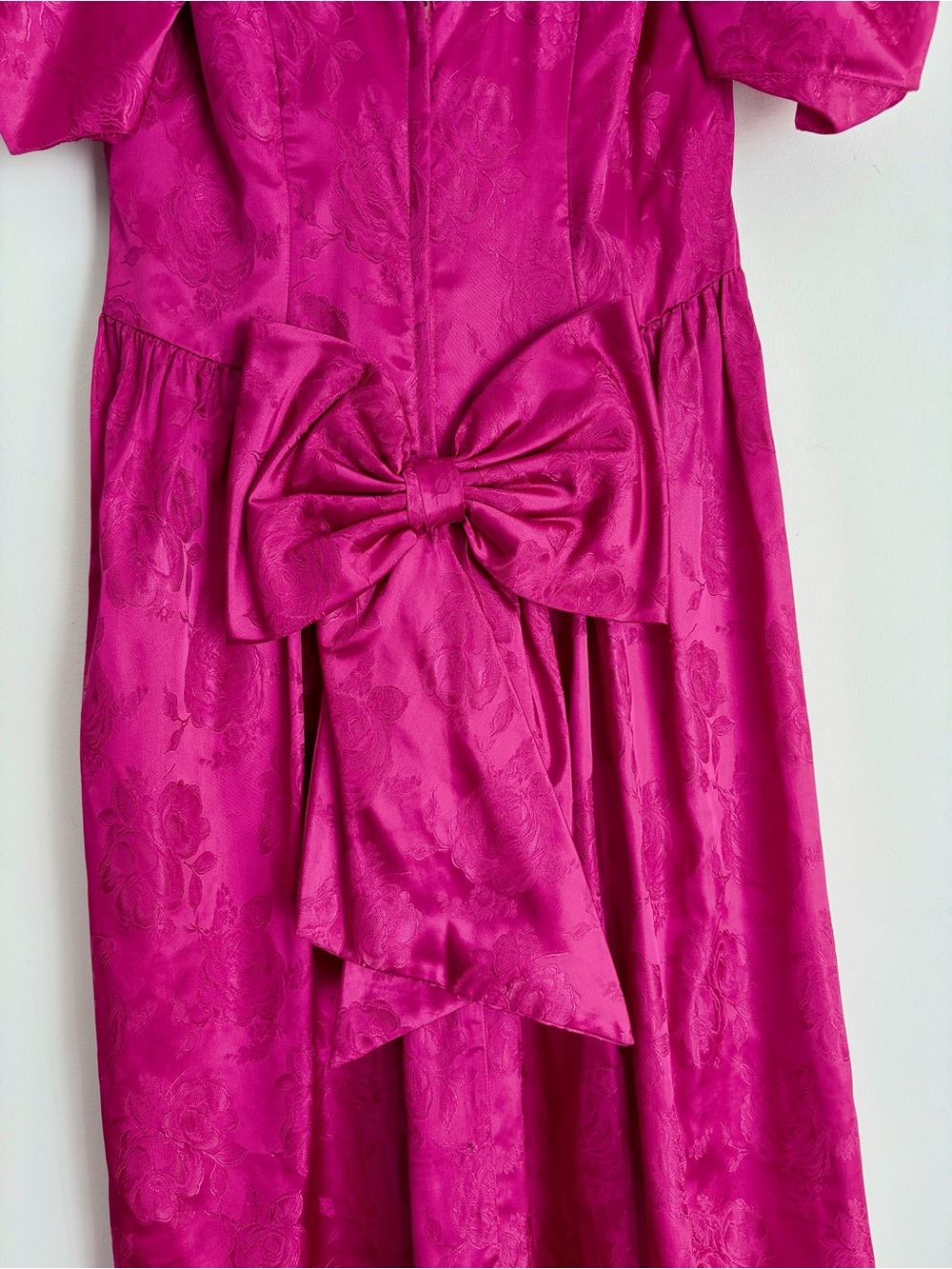 Vintage Fuchsia Rose Jacquard Basque Waist Puff Sleeve Dollcore Dress XS-S - Picture 8 of 12